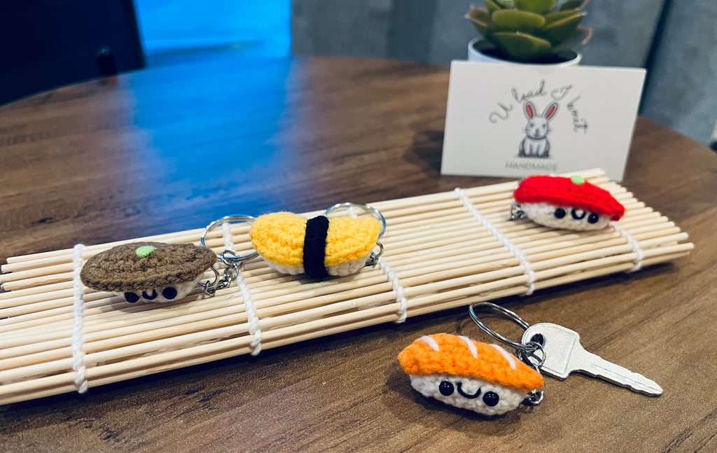 Crochet Mini Sushi Keyring | Handmade Smiley Sushi Bag Charm