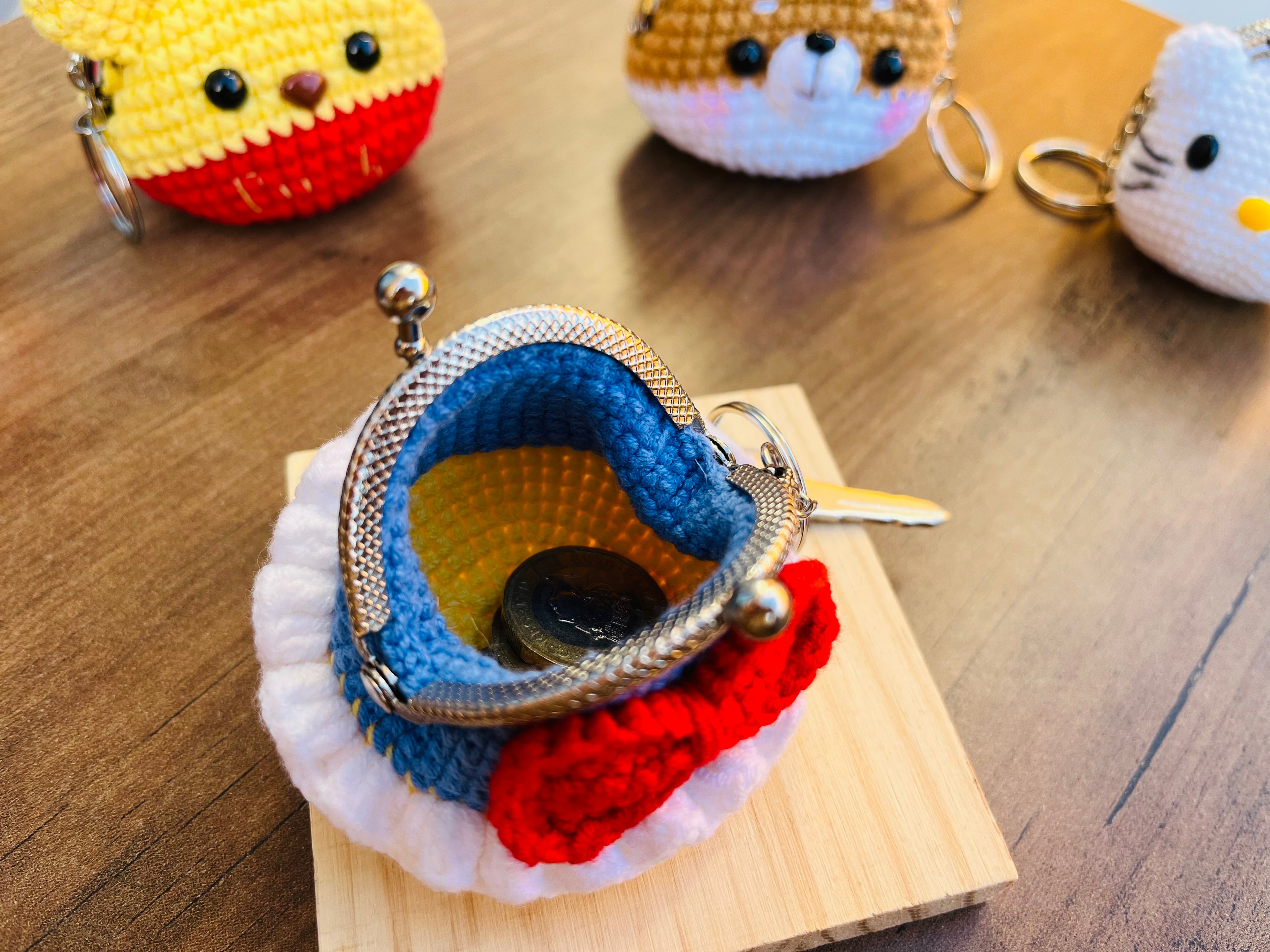 Handmade Crochet Keychain Purse I , Cute Character Keyholder, Winnie the Pooh, Mickey,  Hello Kitty, Puppy, Tiger, Cute Bag Charm