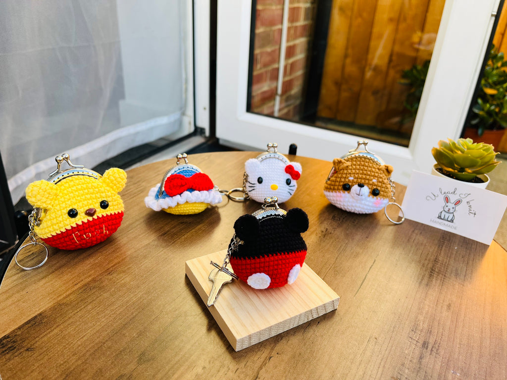 Handmade Crochet Keychain Purse I , Cute Character Keyholder, Winnie the Pooh, Mickey,  Hello Kitty, Puppy, Tiger, Cute Bag Charm