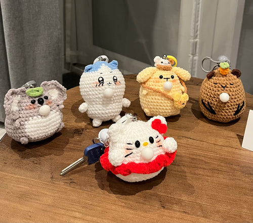 Crochet Chubby Squeeze Keychain I (Pompompurin, Chiikawa, Totoro, Hello Kitty) Interactive Squishy Toy | Handmade Gift