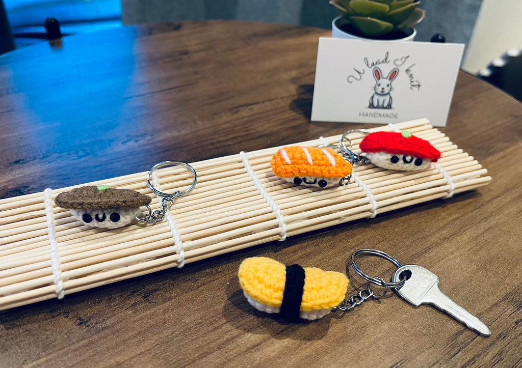 Crochet Mini Sushi Keyring | Handmade Smiley Sushi Bag Charm