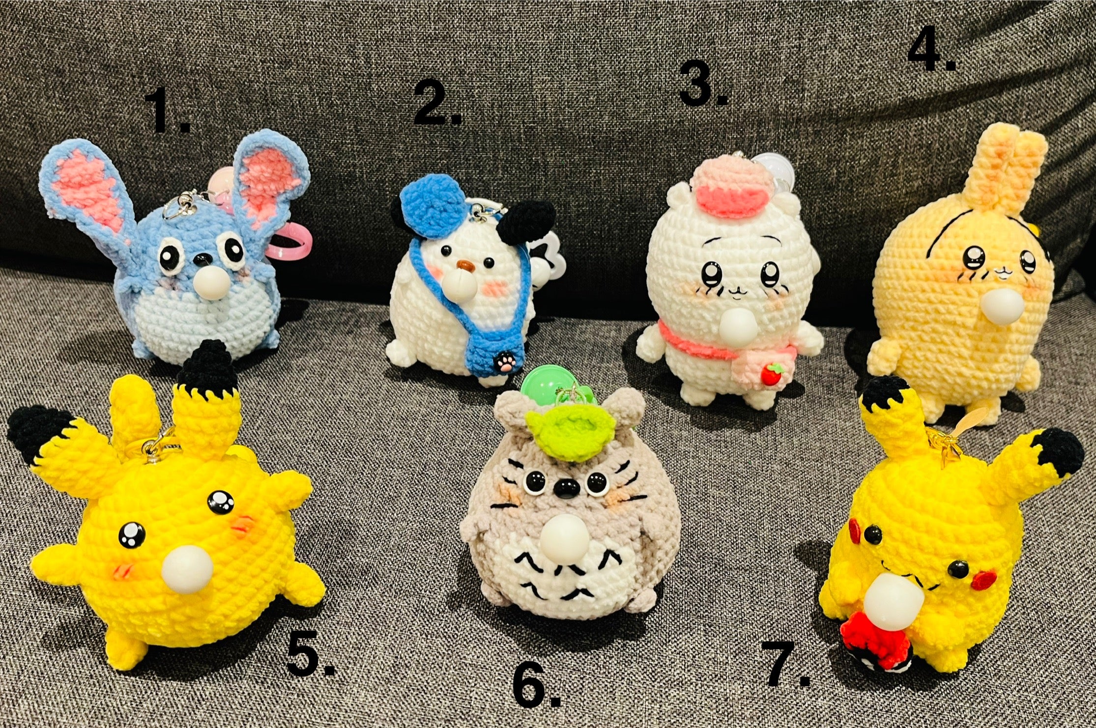 Crochet Chubby Squeeze Keychain III(Stitch, Totoro II, Pichaku I, Pochacco, Chiikawa, Pichaku II, Chikawa-Usagi) Interactive Squishy Toy | Handmade Gift