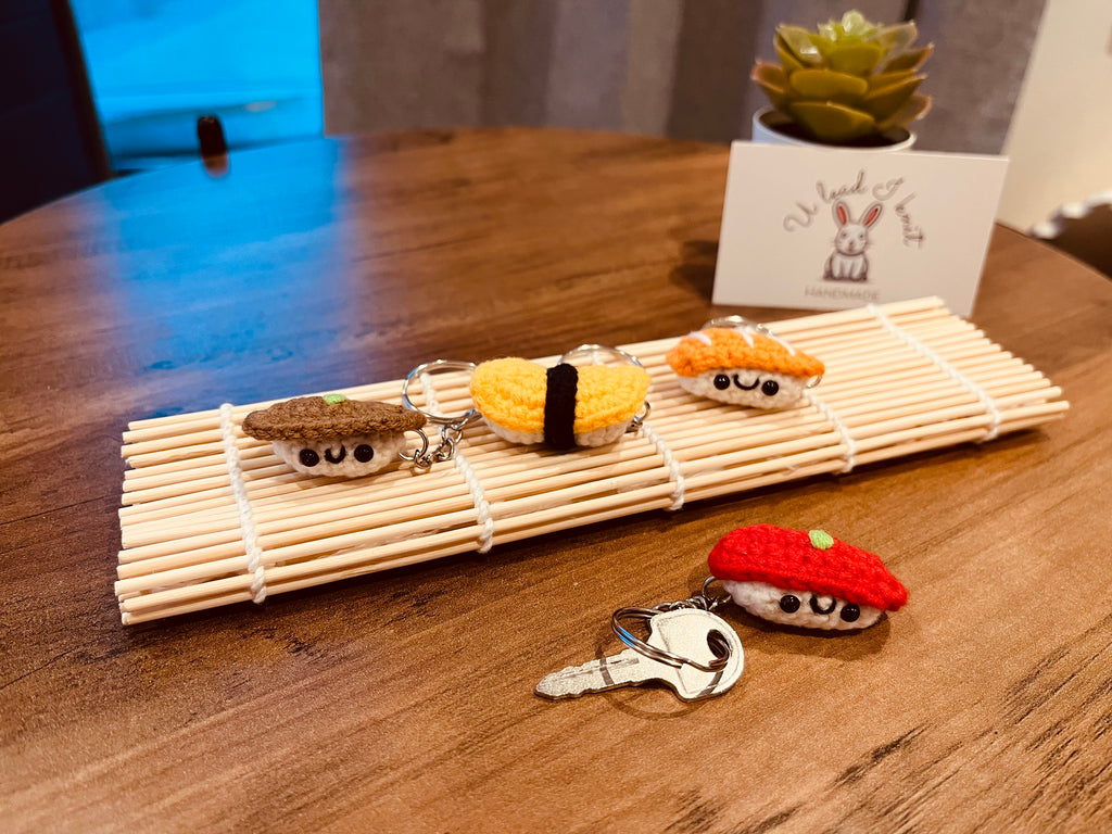 Crochet Mini Sushi Keyring | Handmade Smiley Sushi Bag Charm