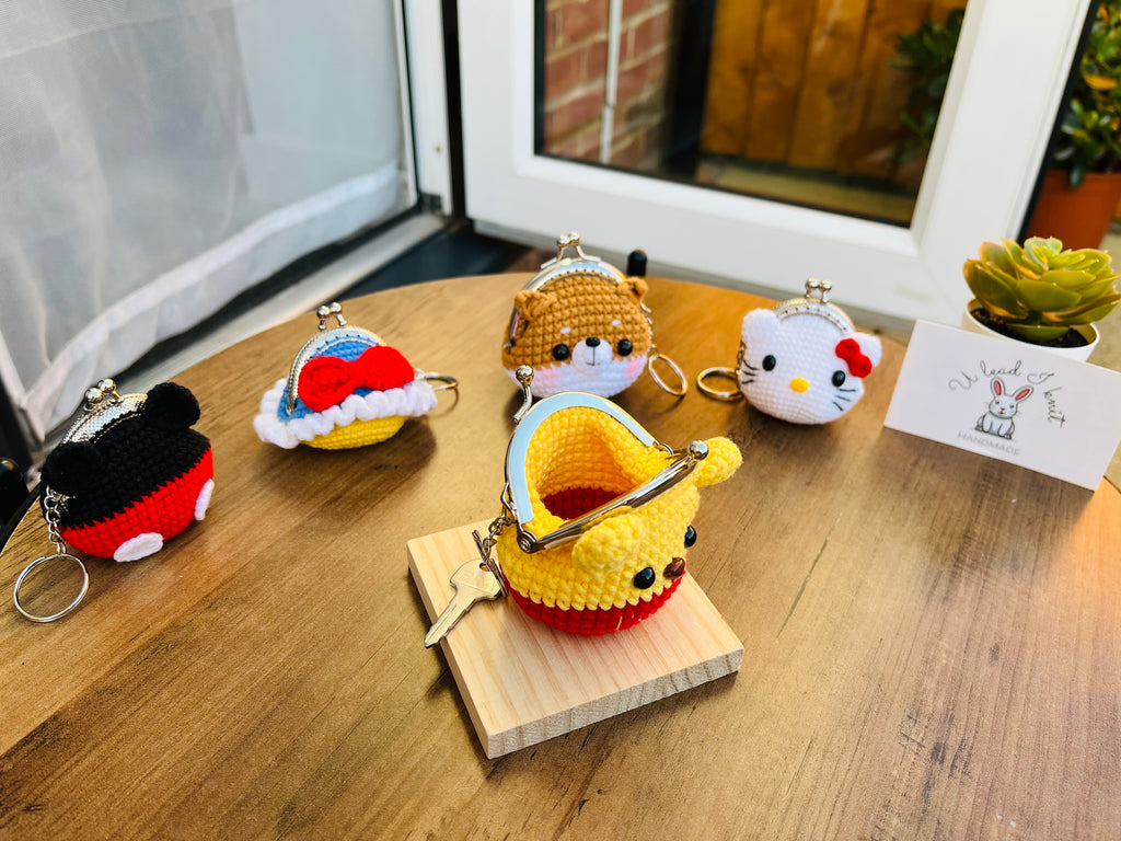 Handmade Crochet Keychain Purse I , Cute Character Keyholder, Winnie the Pooh, Mickey,  Hello Kitty, Puppy, Tiger, Cute Bag Charm