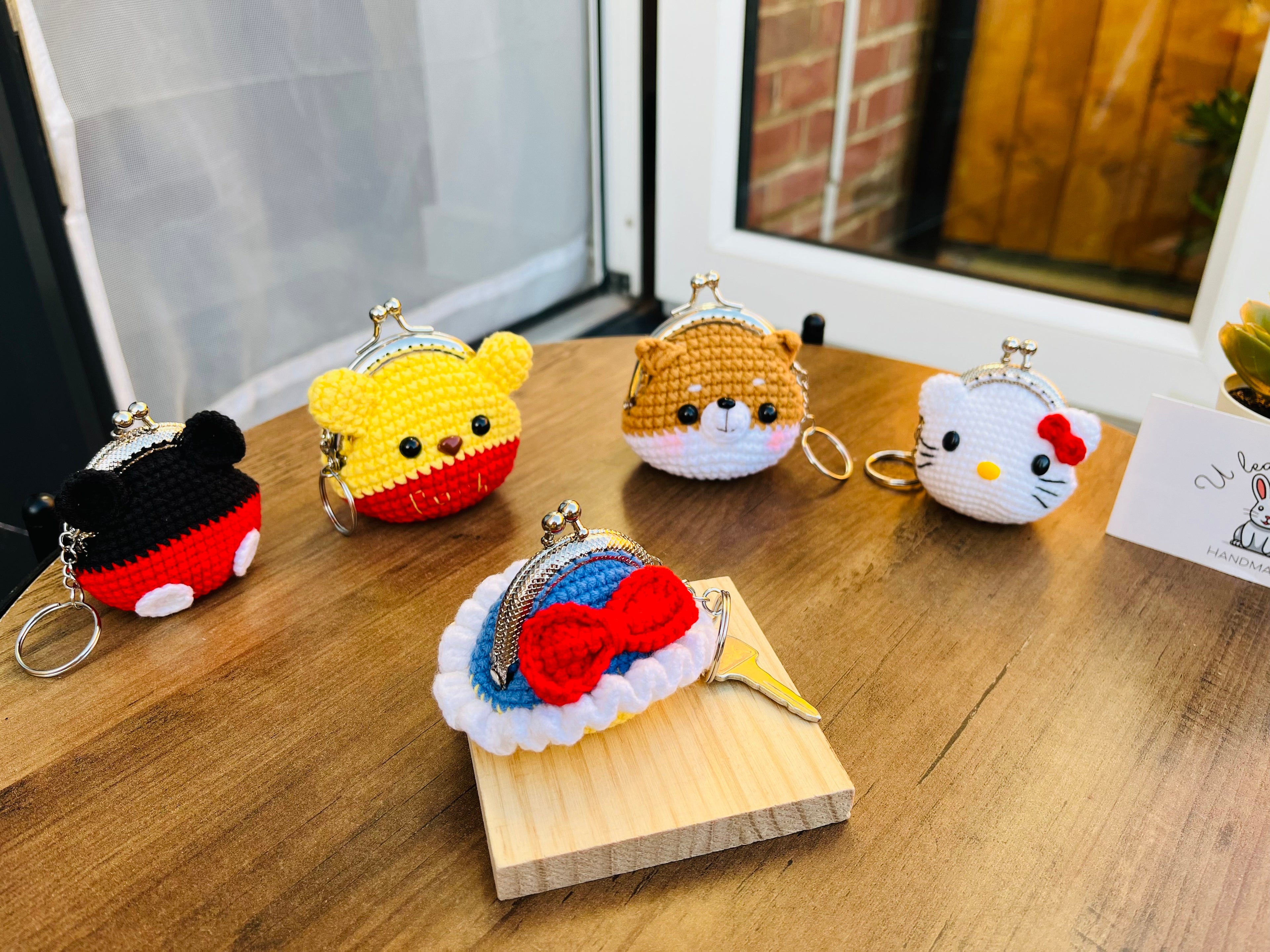 Handmade Crochet Keychain Purse I , Cute Character Keyholder, Winnie the Pooh, Mickey,  Hello Kitty, Puppy, Tiger, Cute Bag Charm