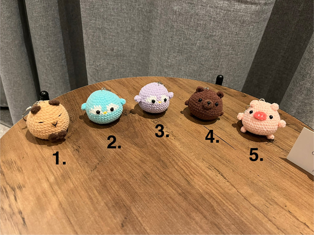 Cute Crochet Character Keyring Collection II/Kawaii Bag Charm/Light Blue Penguin, Purple Penguin, Piggy, Bear, Capybara