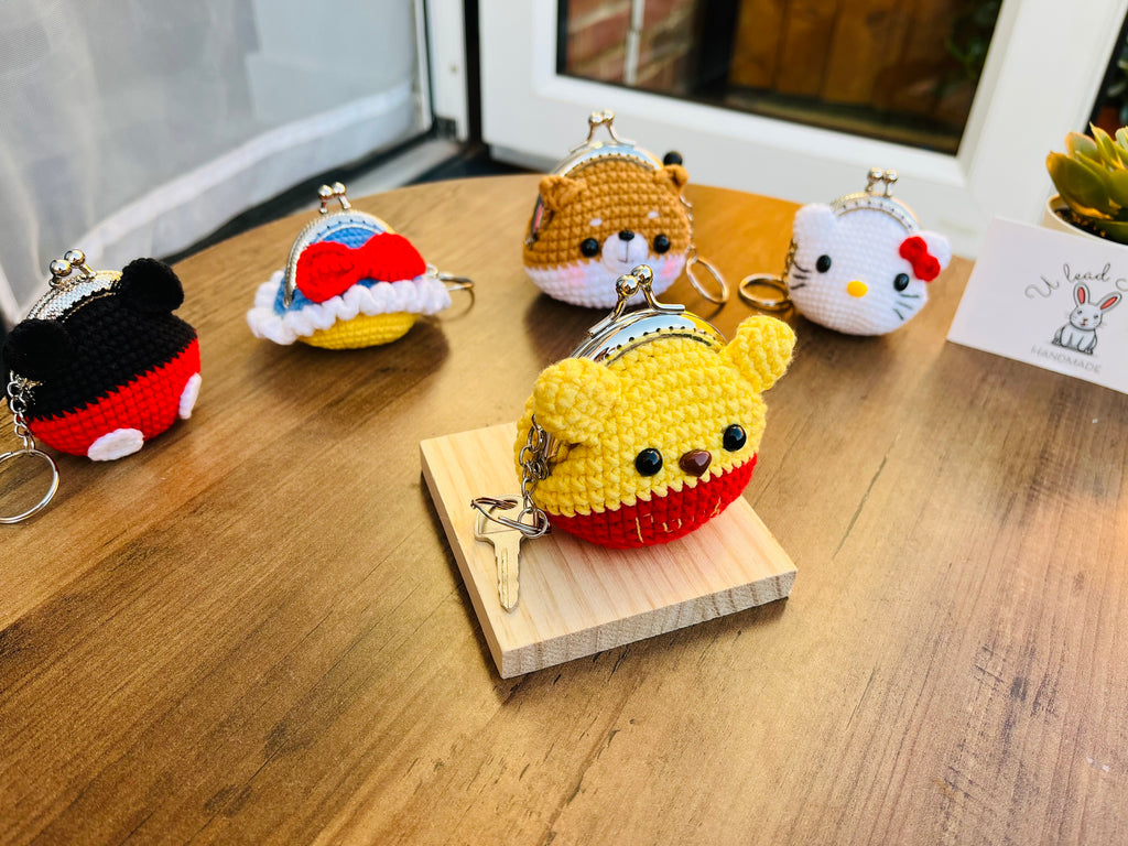 Handmade Crochet Keychain Purse I , Cute Character Keyholder, Winnie the Pooh, Mickey,  Hello Kitty, Puppy, Tiger, Cute Bag Charm