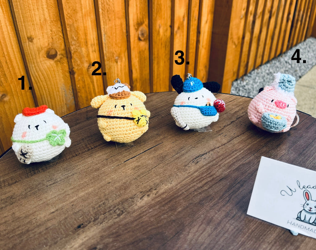 Cute Crochet Character Keyring Collection IV/ Kawaii Bag Charm/Chubby Pompompurin, Pochacco, Piglet, Bear