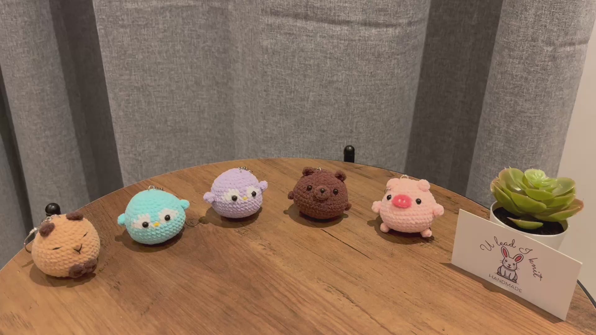 Cute Crochet Character Keyring Collection II/Kawaii Bag Charm/Light Blue Penguin, Purple Penguin, Piggy, Bear, Capybara