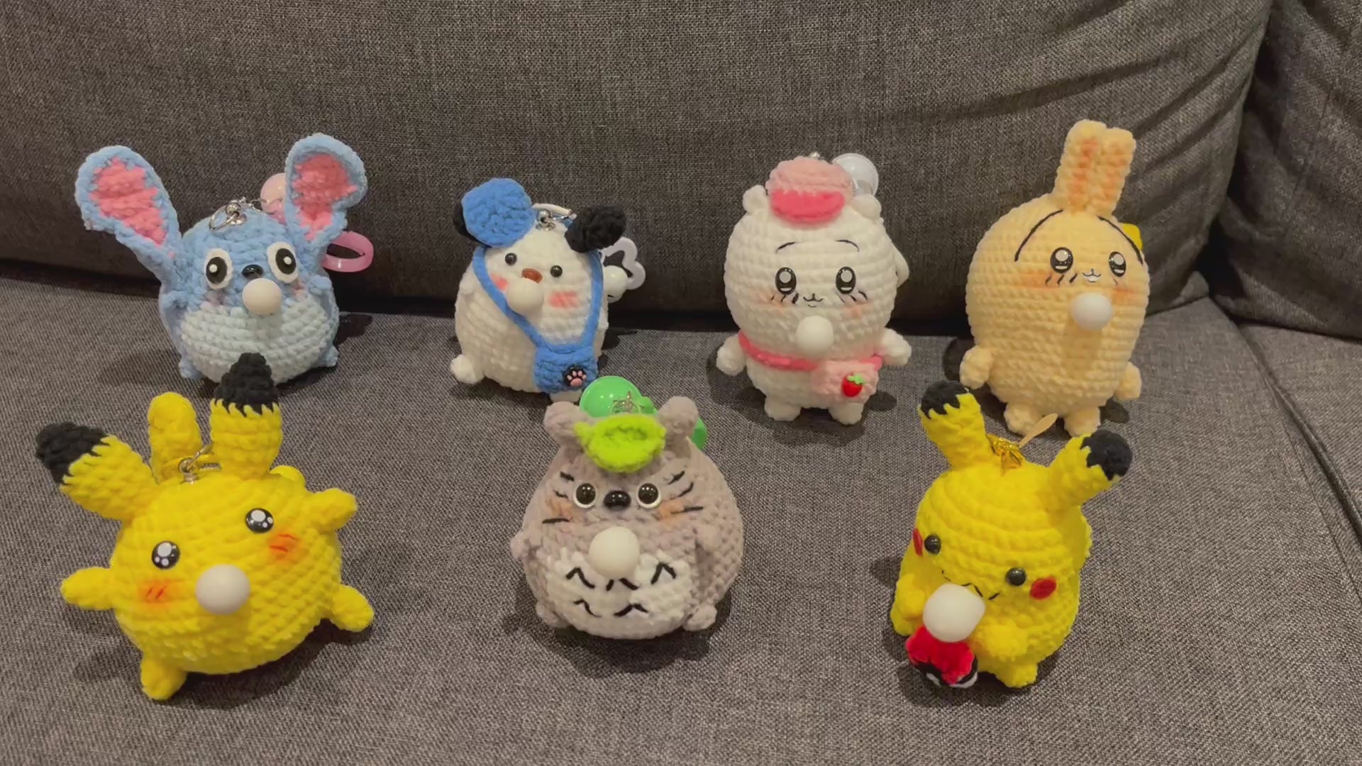 Crochet Chubby Squeeze Keychain III(Stitch, Totoro II, Pichaku I, Pochacco, Chiikawa, Pichaku II, Chikawa-Usagi) Interactive Squishy Toy | Handmade Gift