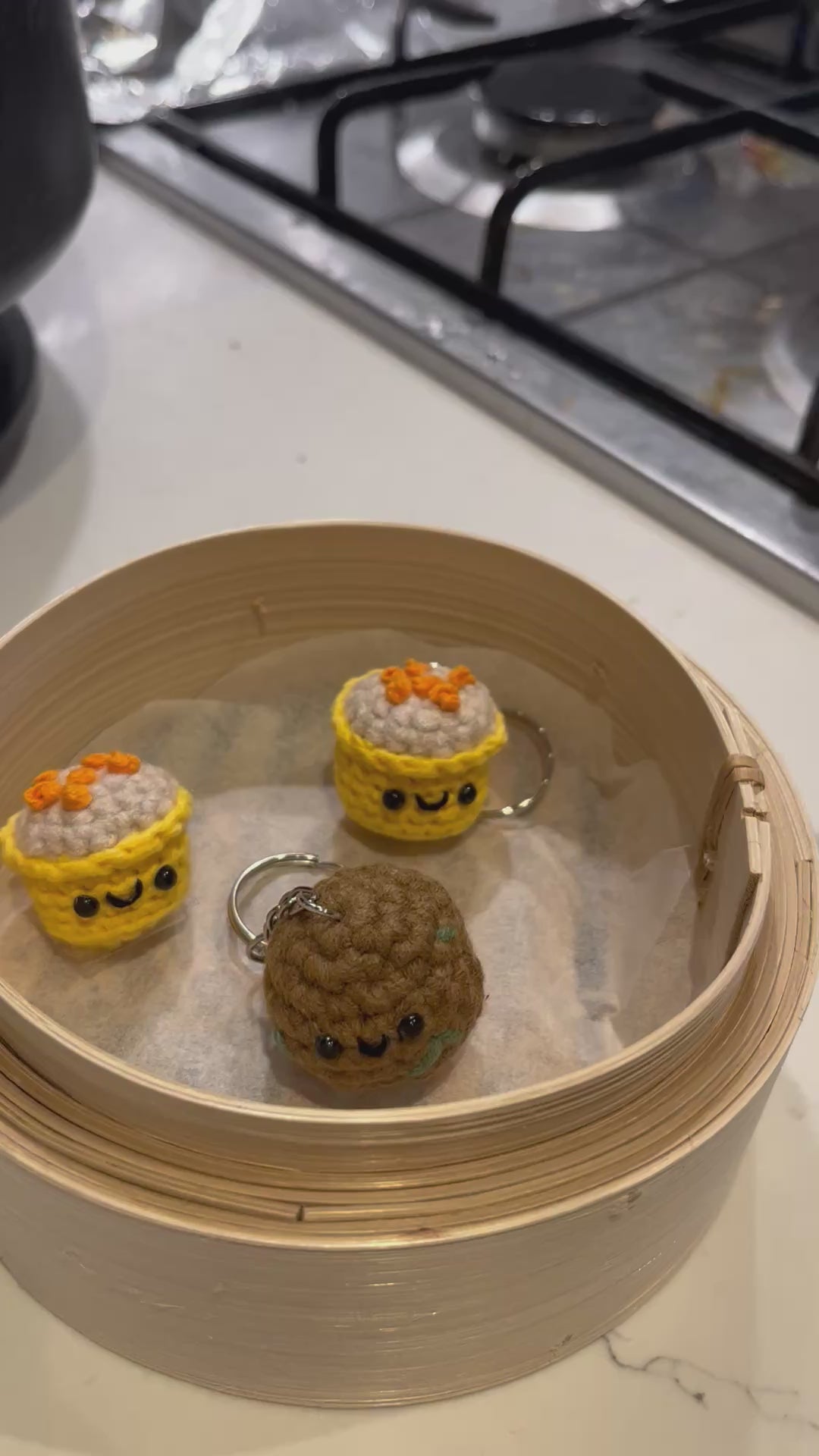 Crochet Siu Mai & Beef Ball, Cute Dim Sum Keychain, Chinese Food Bag Charm, Handmade Foodie Gift